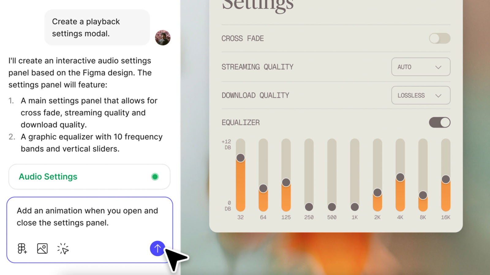 A digital interface displays audio settings, including sliders for equalizer bands and options for streaming and download quality. A popup shows instructions for adding an animation to open and close the settings panel.