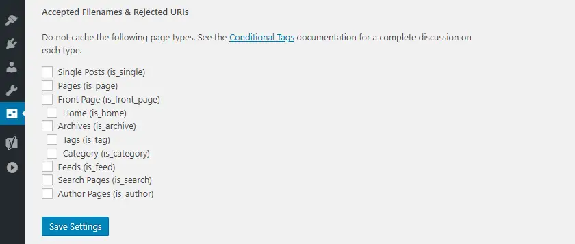 Configuring which page types the plugin should cache.