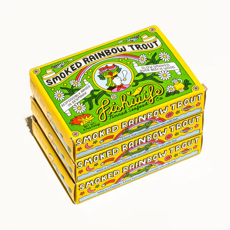 Three boxes of Fishwife smoked rainbow trout sit atop each other