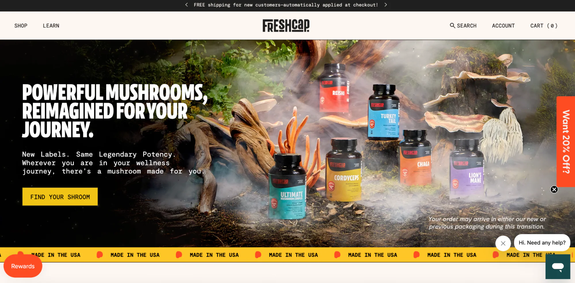 FreshCap’s homepage shows a selection of its products in a natural setting.