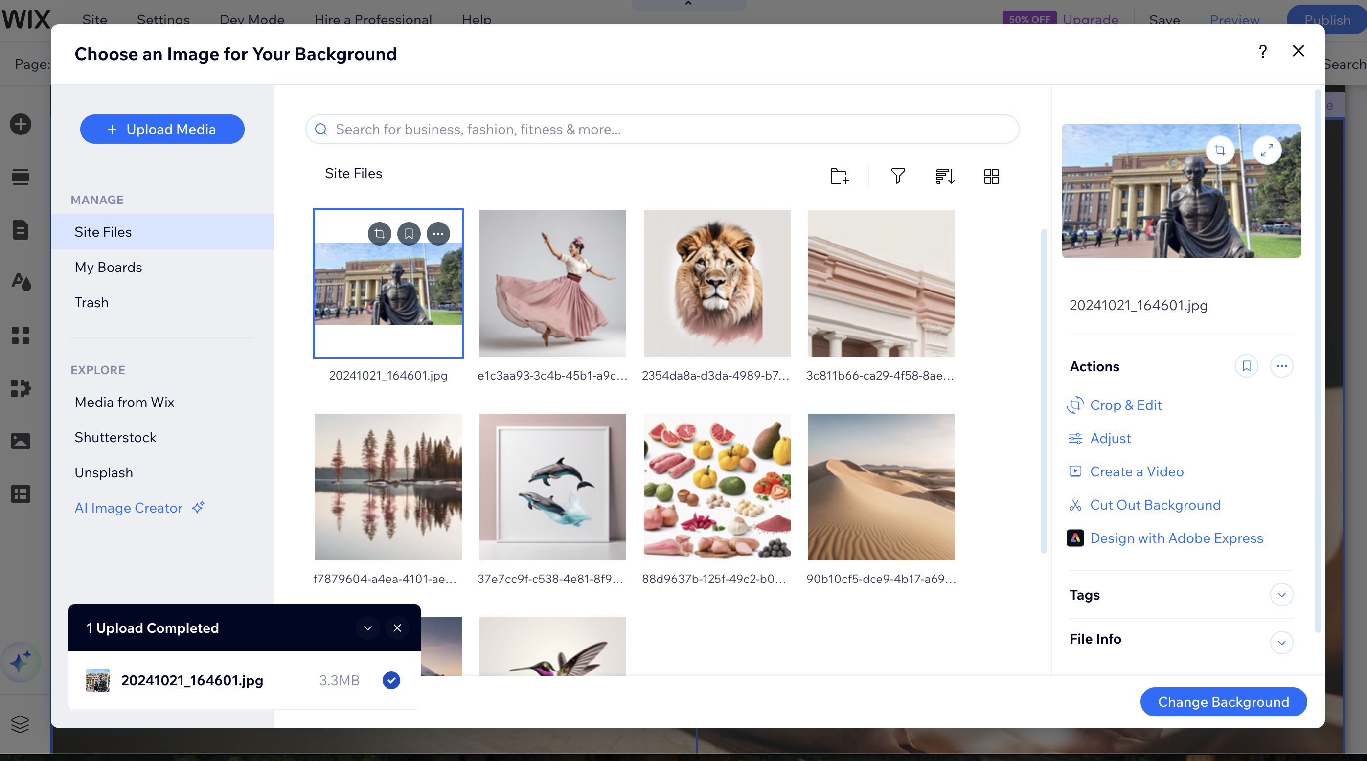 Screengrab showing process of changing background on Wix website