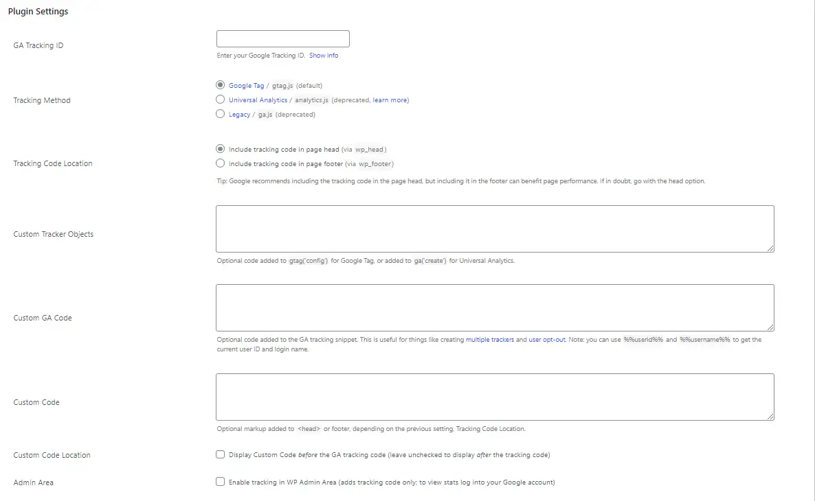 GA plugin settings - set up Google Analytics