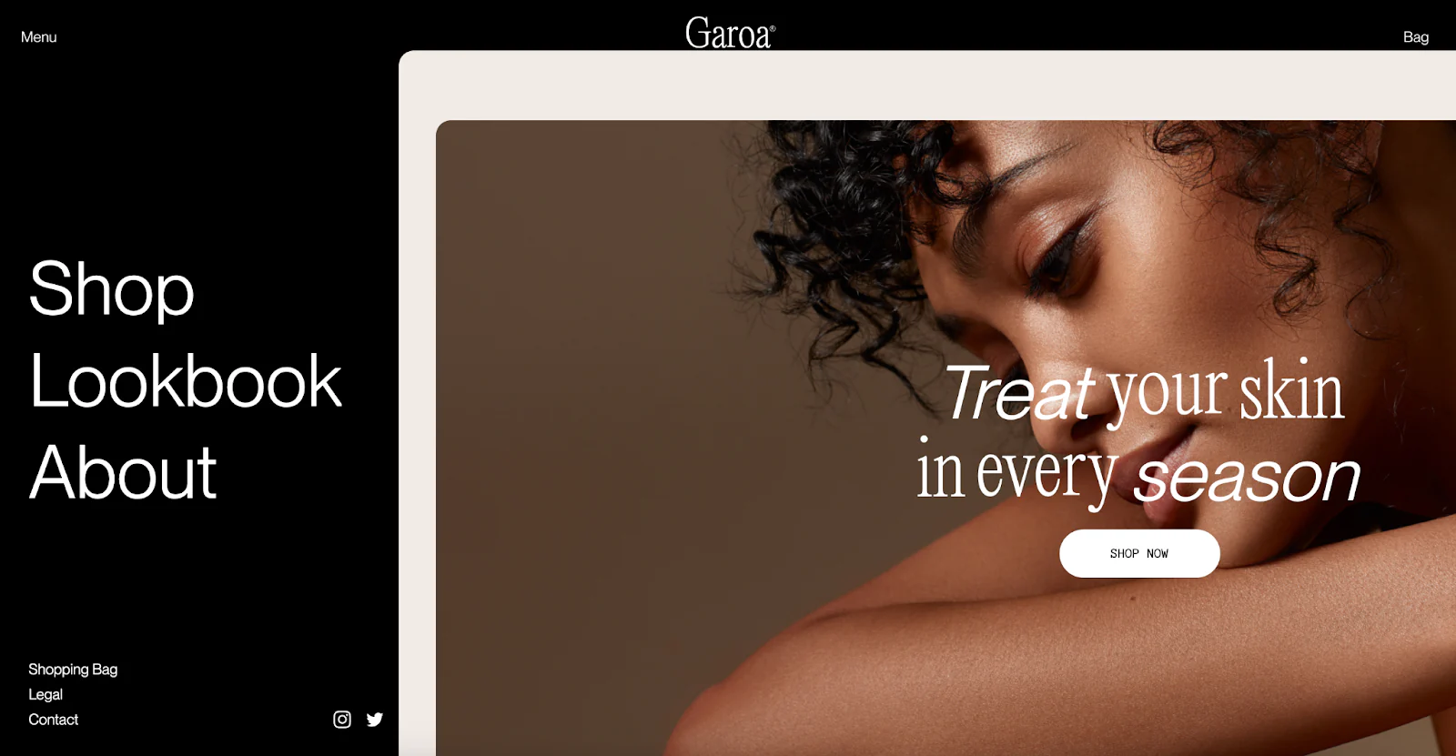 Concept website homepage for Garoa that reads: Treat your skin in every season.