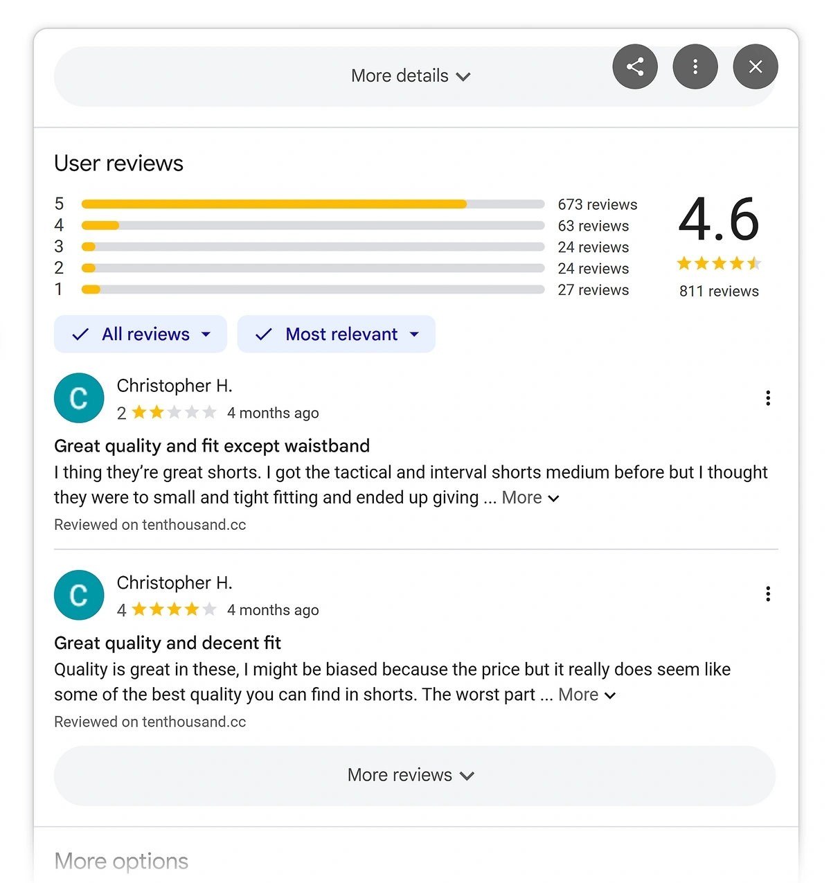 User reviews for a product in AI Mode