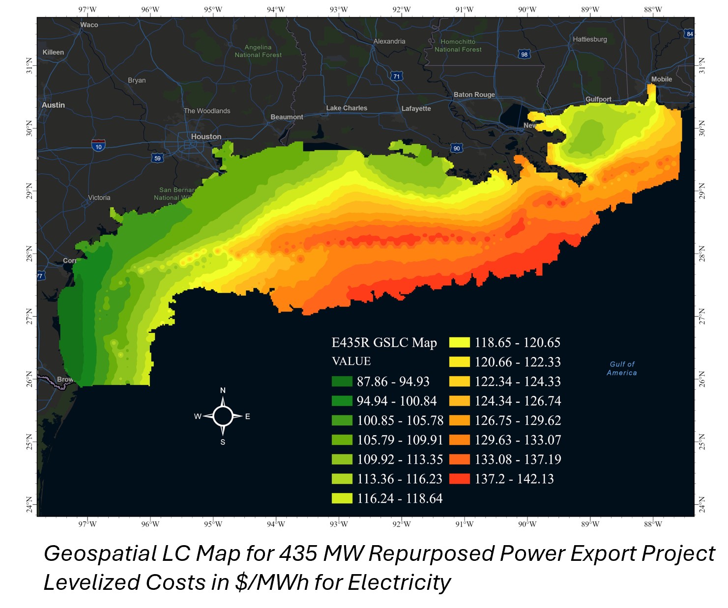 Geospatial Levelized Cost (LC) Heat Map illustrating the estimated cost of electricity generation ($/MWh) for a 435 MW repurposed offshore power export project in the Gulf of Mexico. Color gradients indicate areas of relative cost efficiency and higher cost zones across the region.