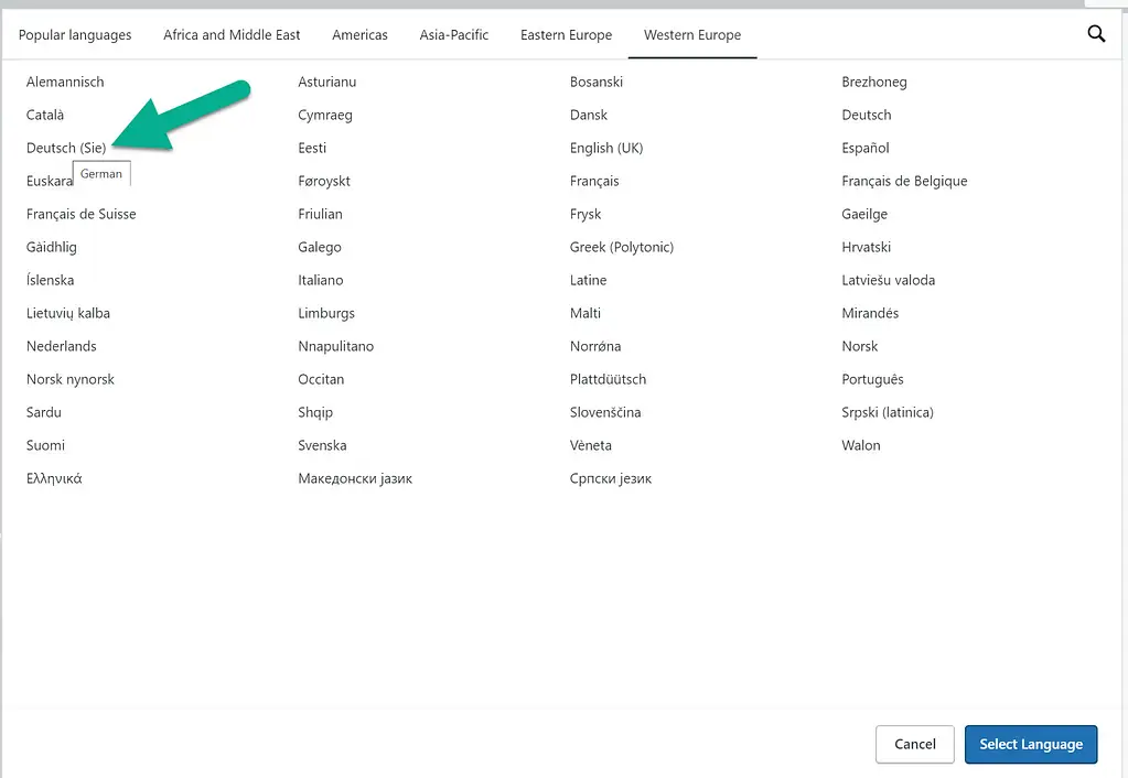 choose German WordPress language