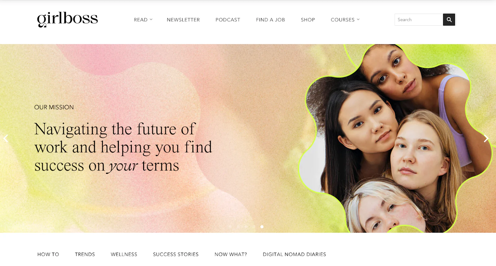 Girlboss homepage banner with four women and mission statement.