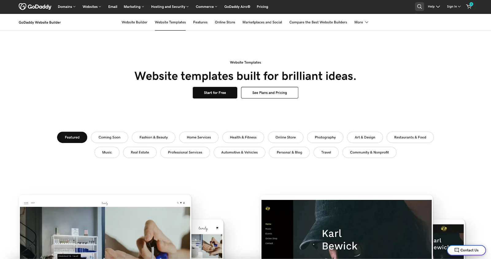 A screenshot of themes available from GoDaddy
