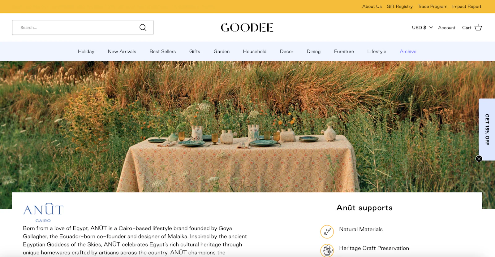 GOODEE homepage with an image of a decorated table outside.