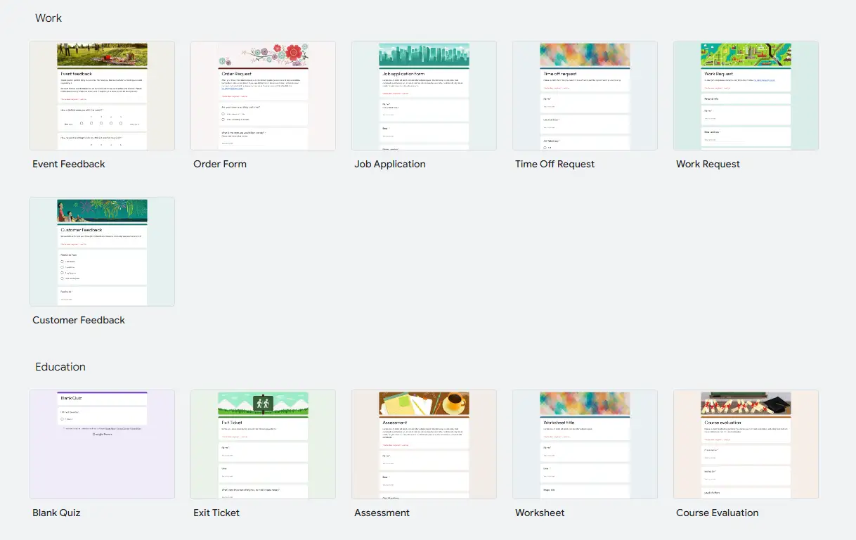 Google Form default templates