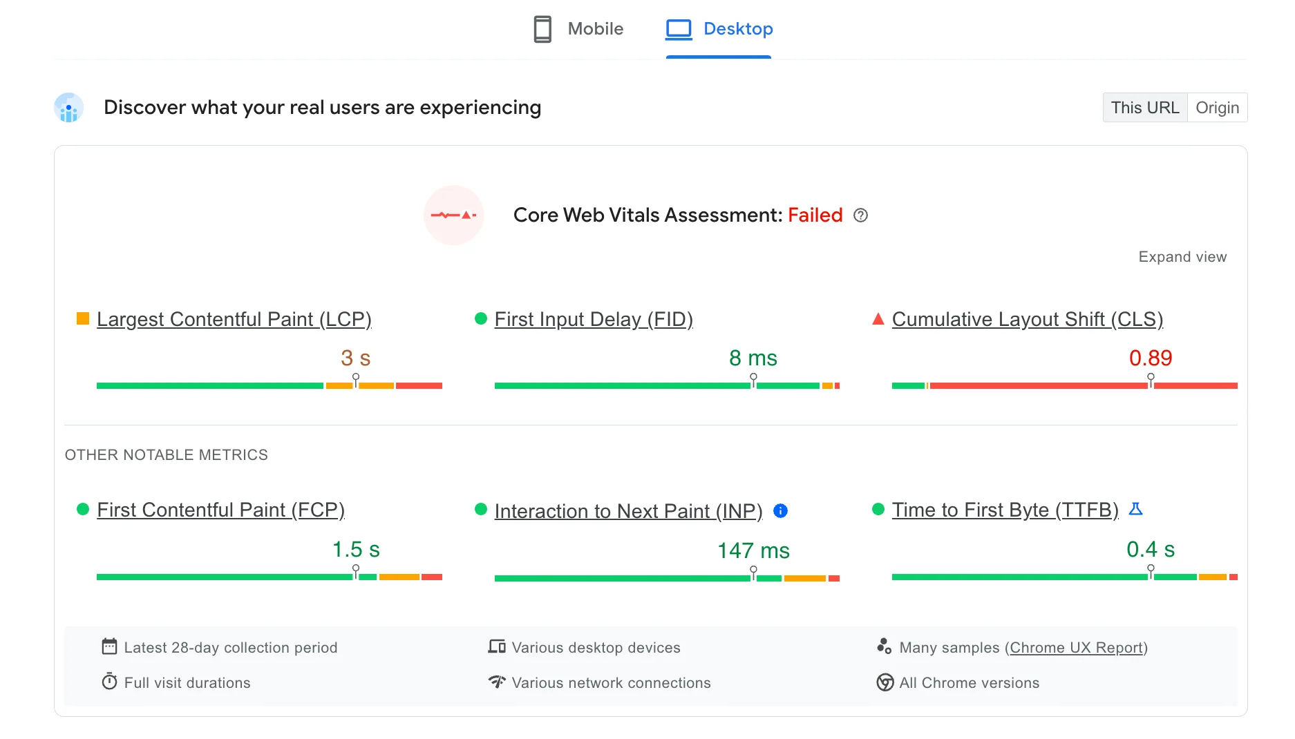 Google PageSpeed Insights showing an ecommerce website that fails the core web vitals assessment.