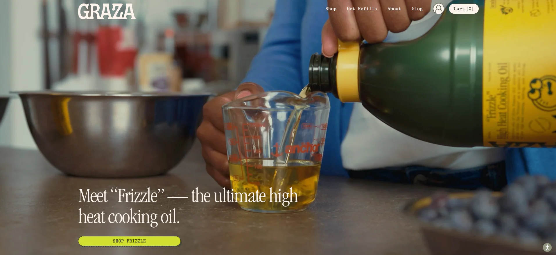 Person pouring Graza’s ’Frizzle’ high heat cooking oil into a glass measuring cup.