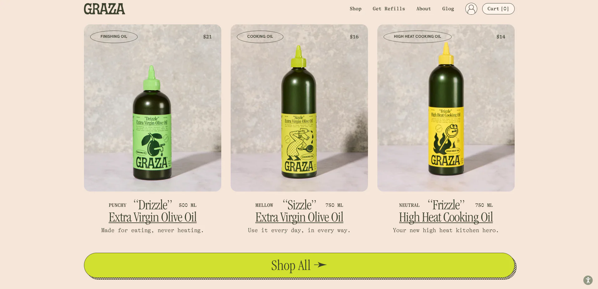 Three bottles of Graza olive oil: Drizzle finishing, Sizzle cooking, Frizzle high-heat oil.