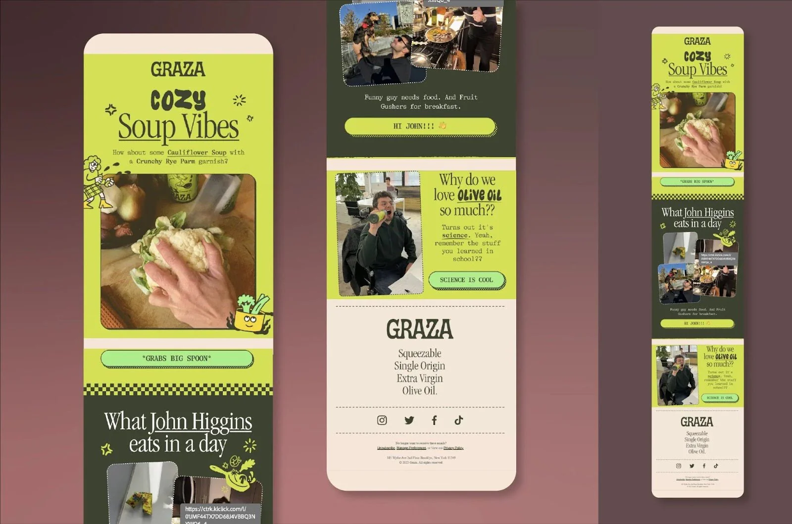 Graza newsletter features recipes and what John Higgins eats in a day.