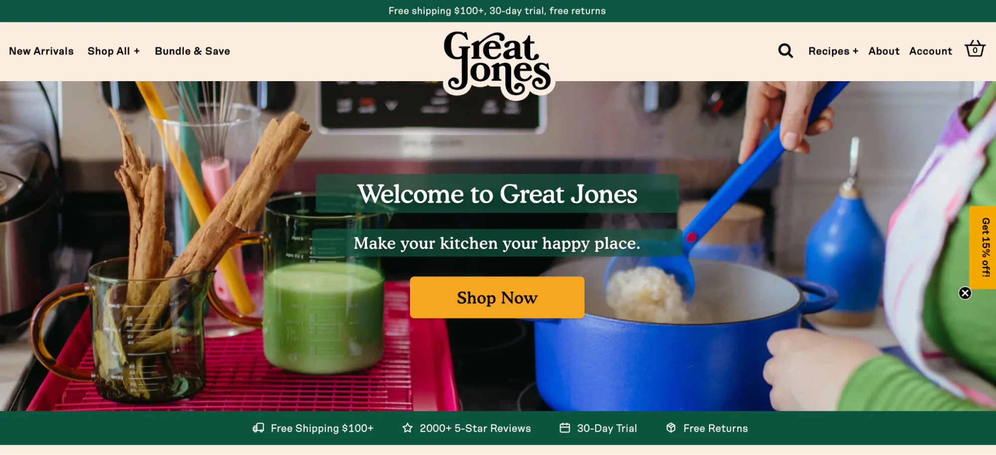 Great Jones homepage with a close up photo of bright cooking equipment.