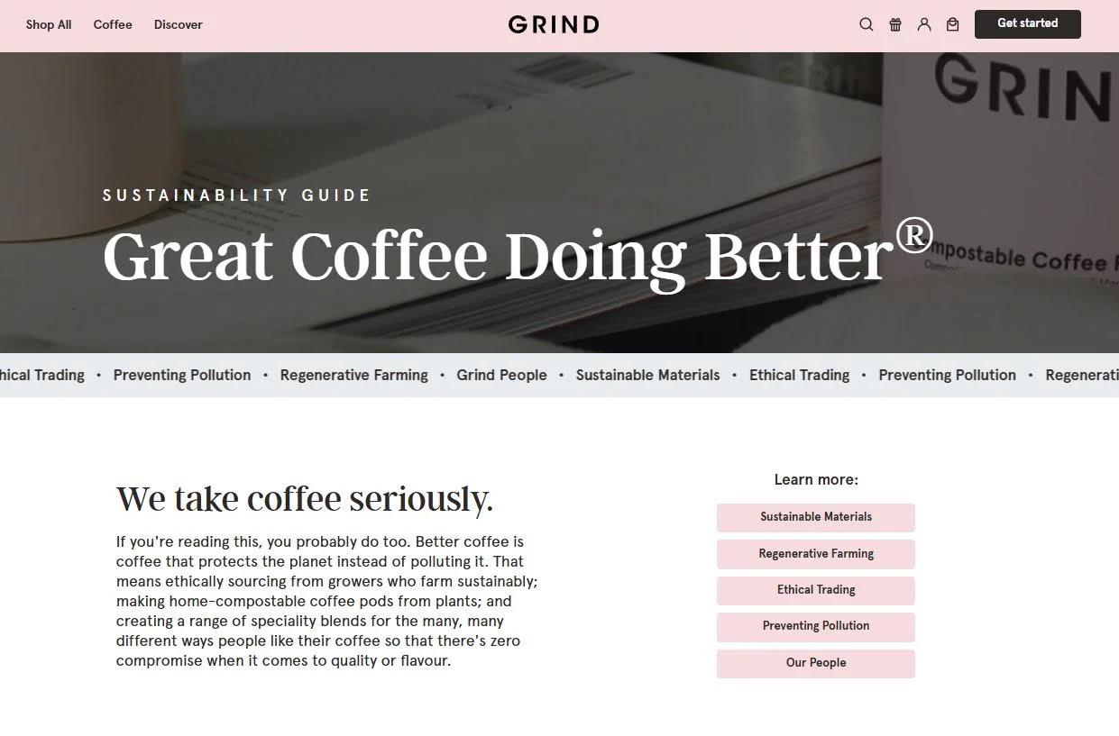Screenshot of Grind landing page.