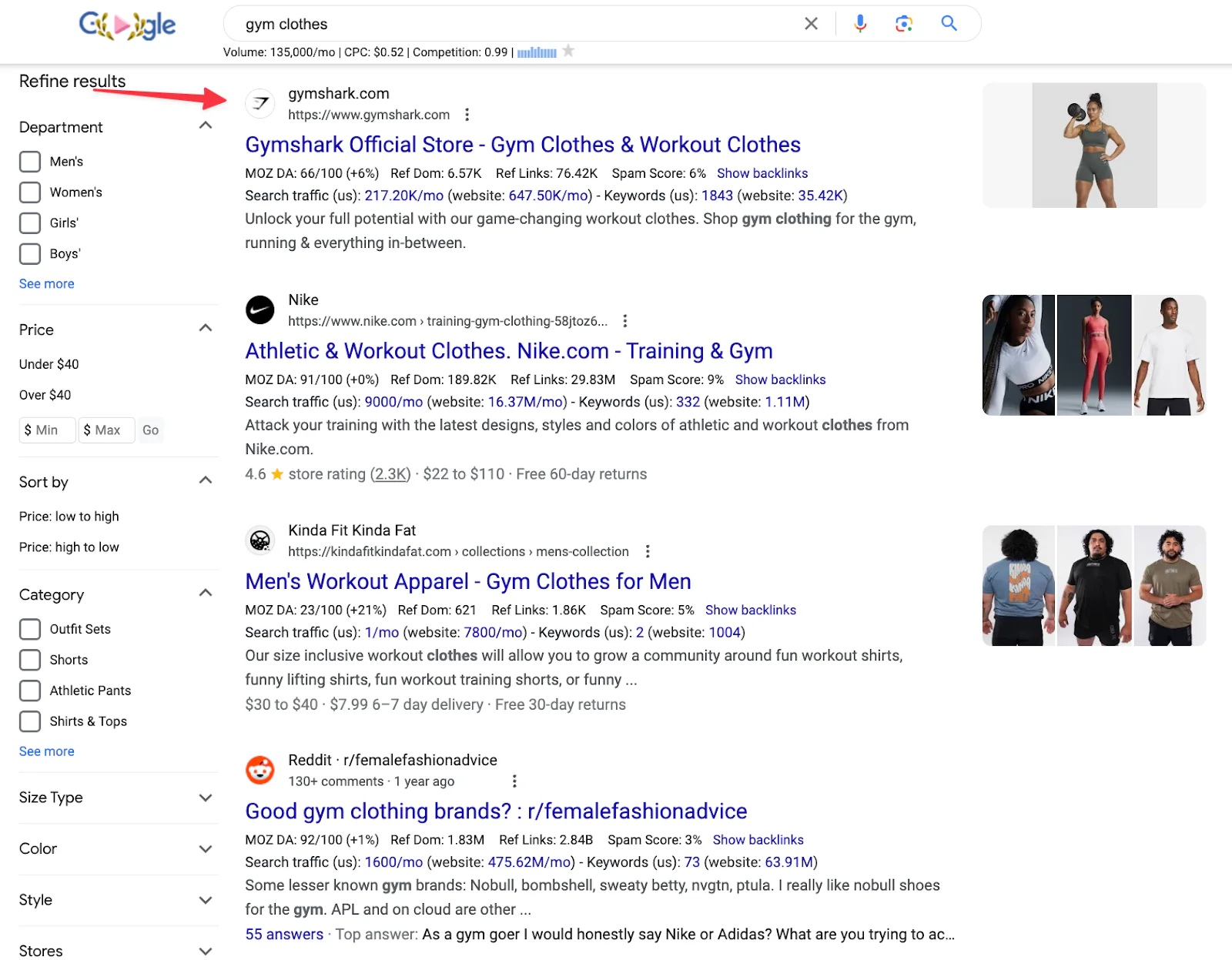 Screenshot of Google search results for the search phrase “gym clothes”