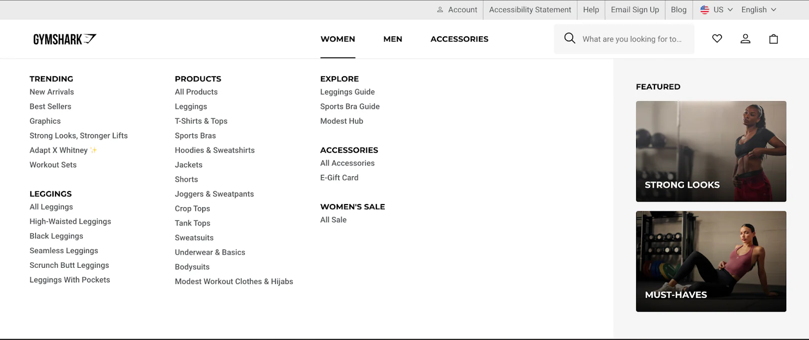 Gymshark website with horizontal header and expanded dropdown showing vertical category menus.
