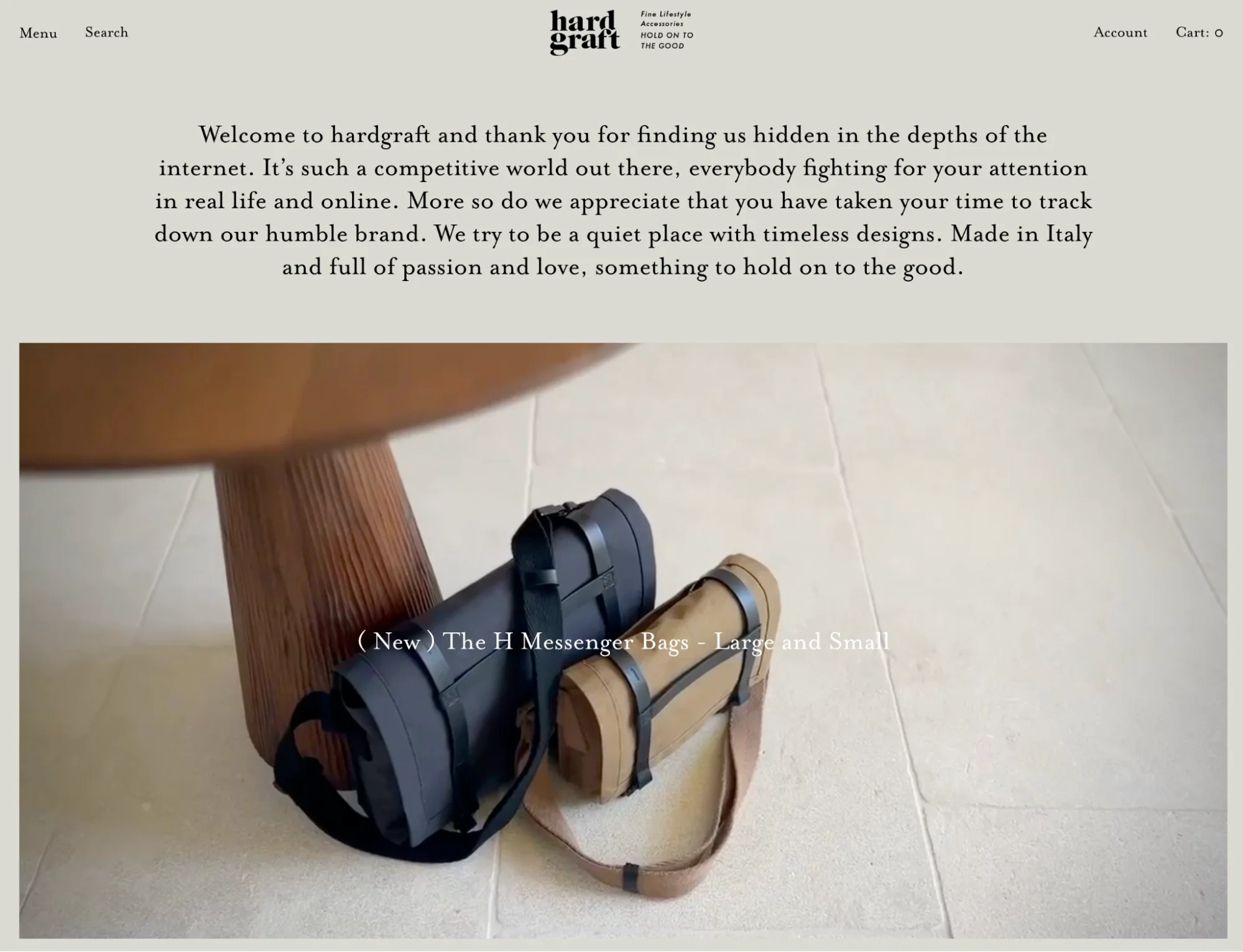 Hardgraft’s homepage in neutral colors with close up product photos.