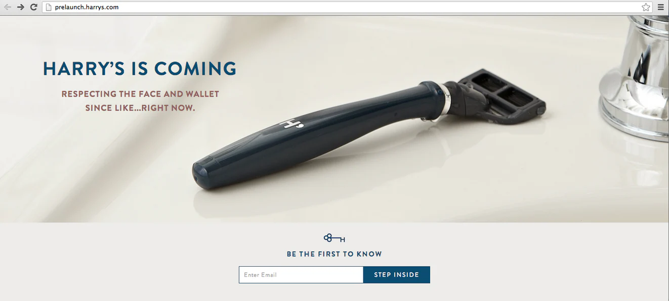 Harry’s Coming Soon page with a close up of a black razor and email signup box.