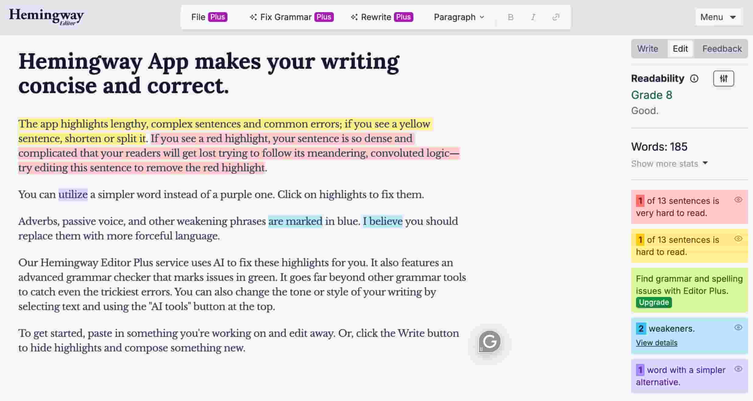 Hemingway Editor webpage describing the website. There's a menu at the top and on the right side giving options for editing and proofreading.