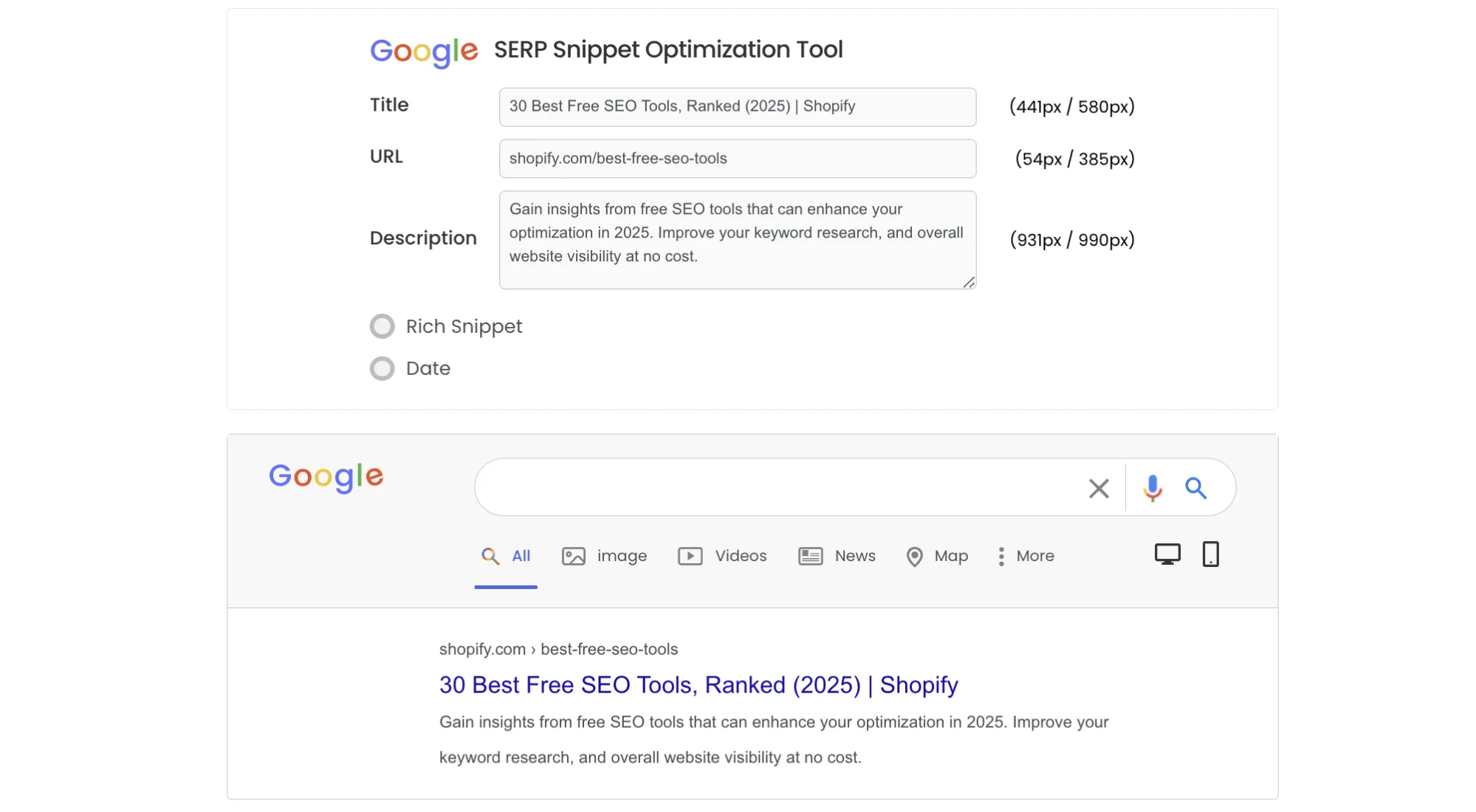 SERP preview for an article on the best free SEO tools.