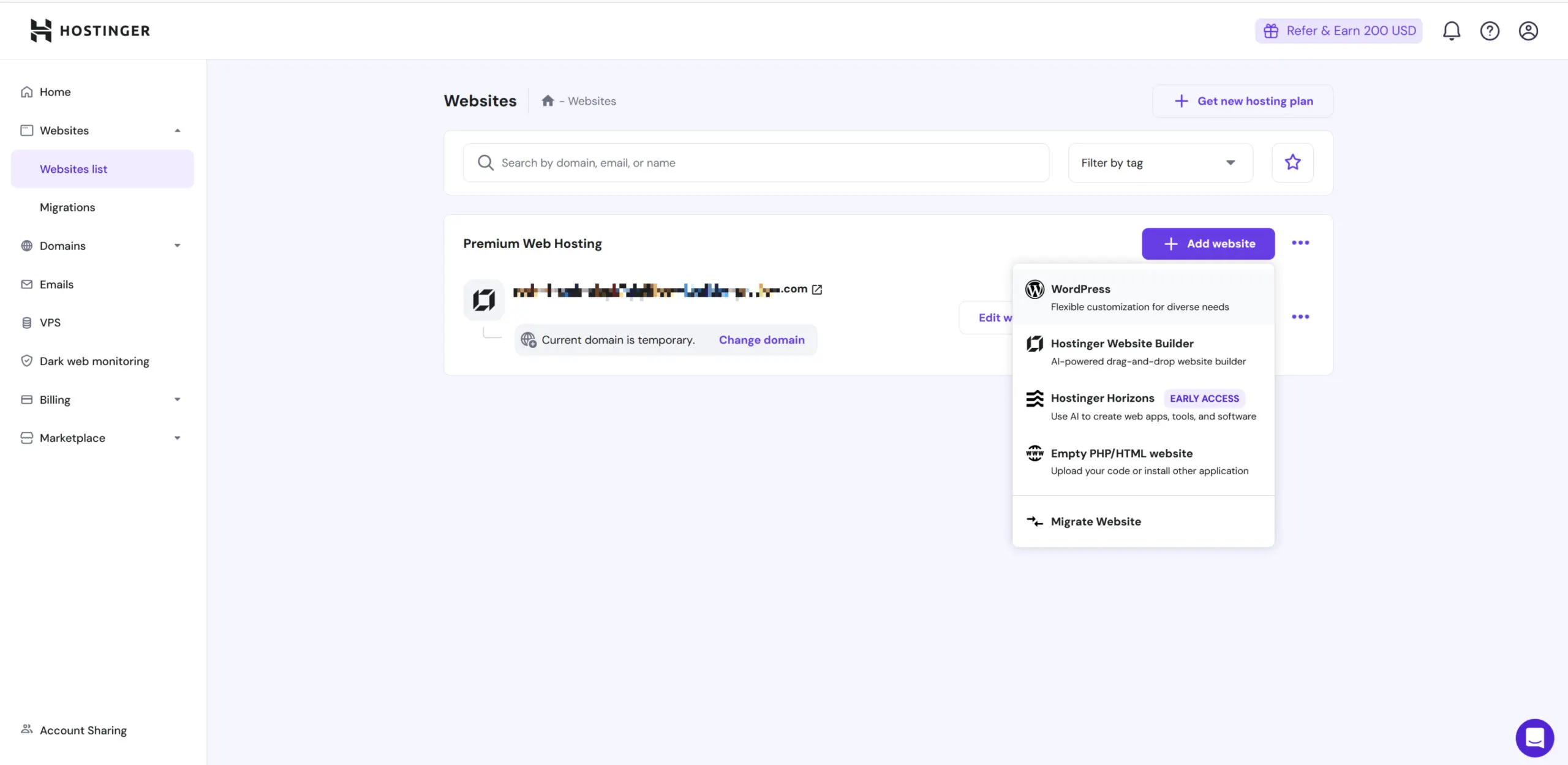 Screenshot showing Hostinger’s multiple website platform options.