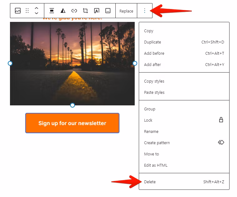 Removing a block in the Gutenberg editor