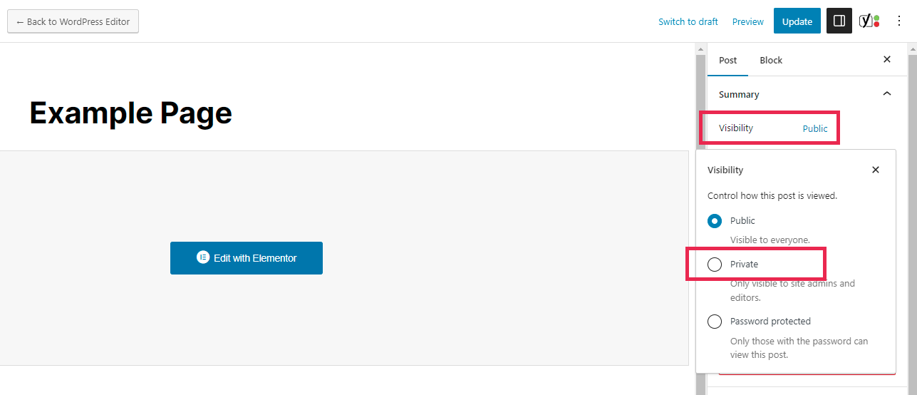 Hiding a page in WordPress by changing its Visibility settings in the block editor.
