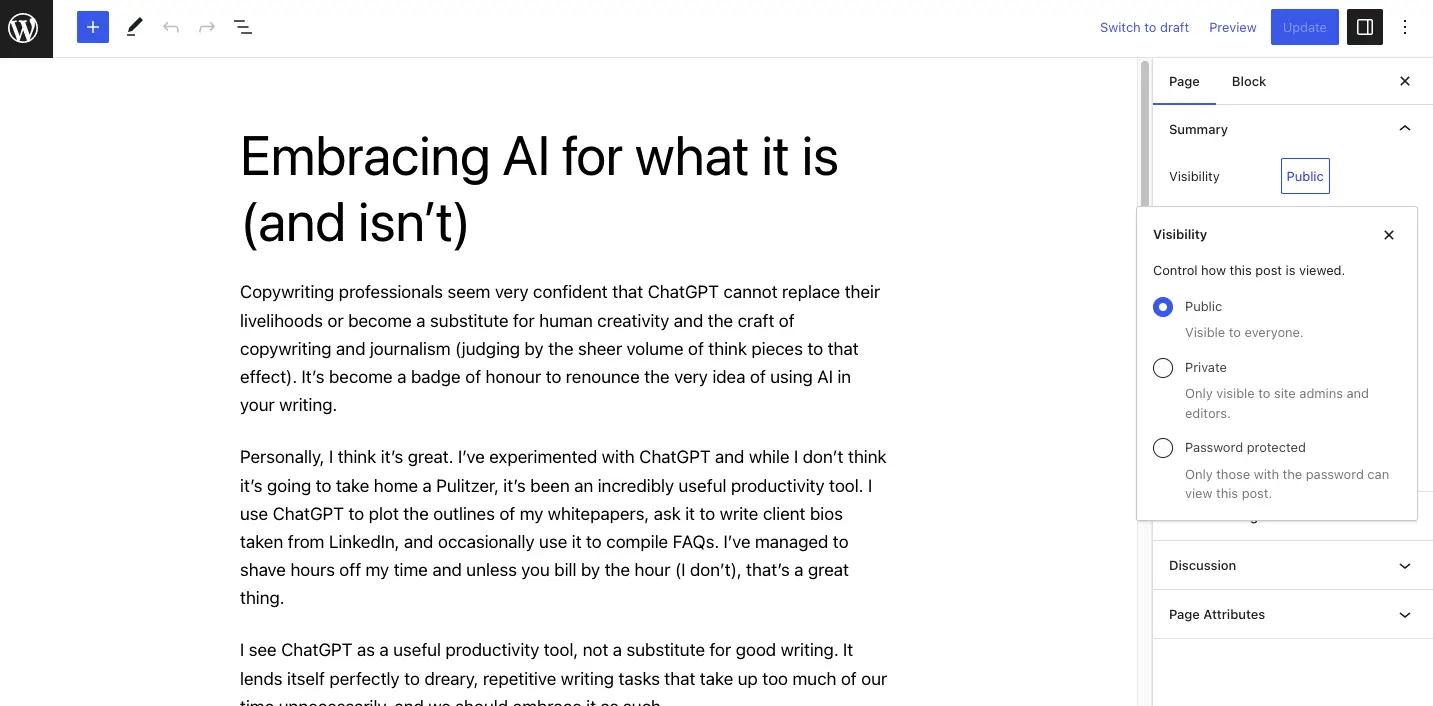 Pages public status.