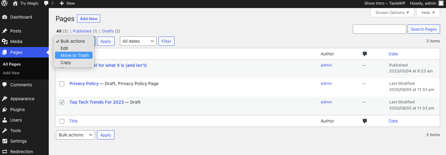 Admin console bulk actions.