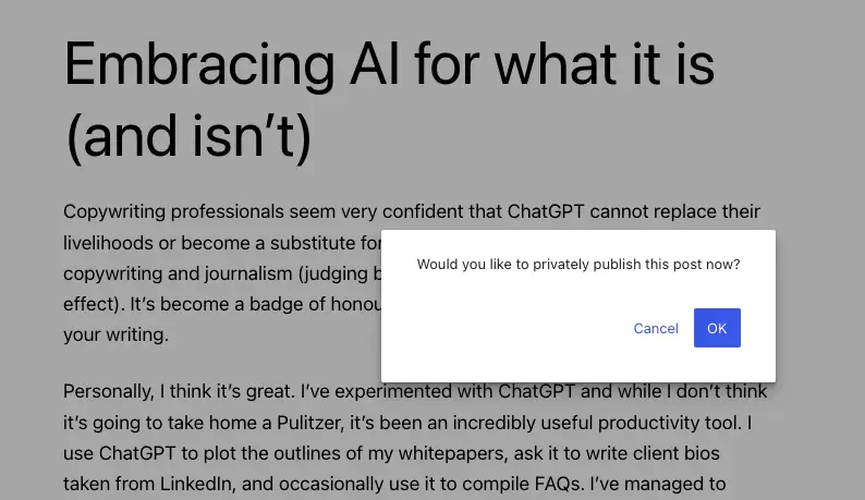 Would you like privately publish this post now.