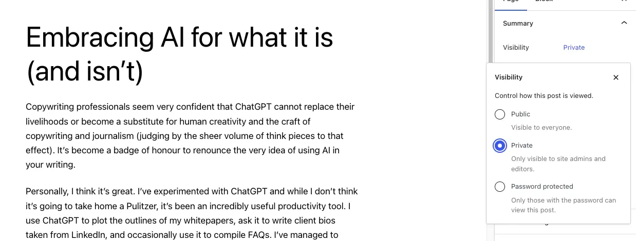 Page visibility option.