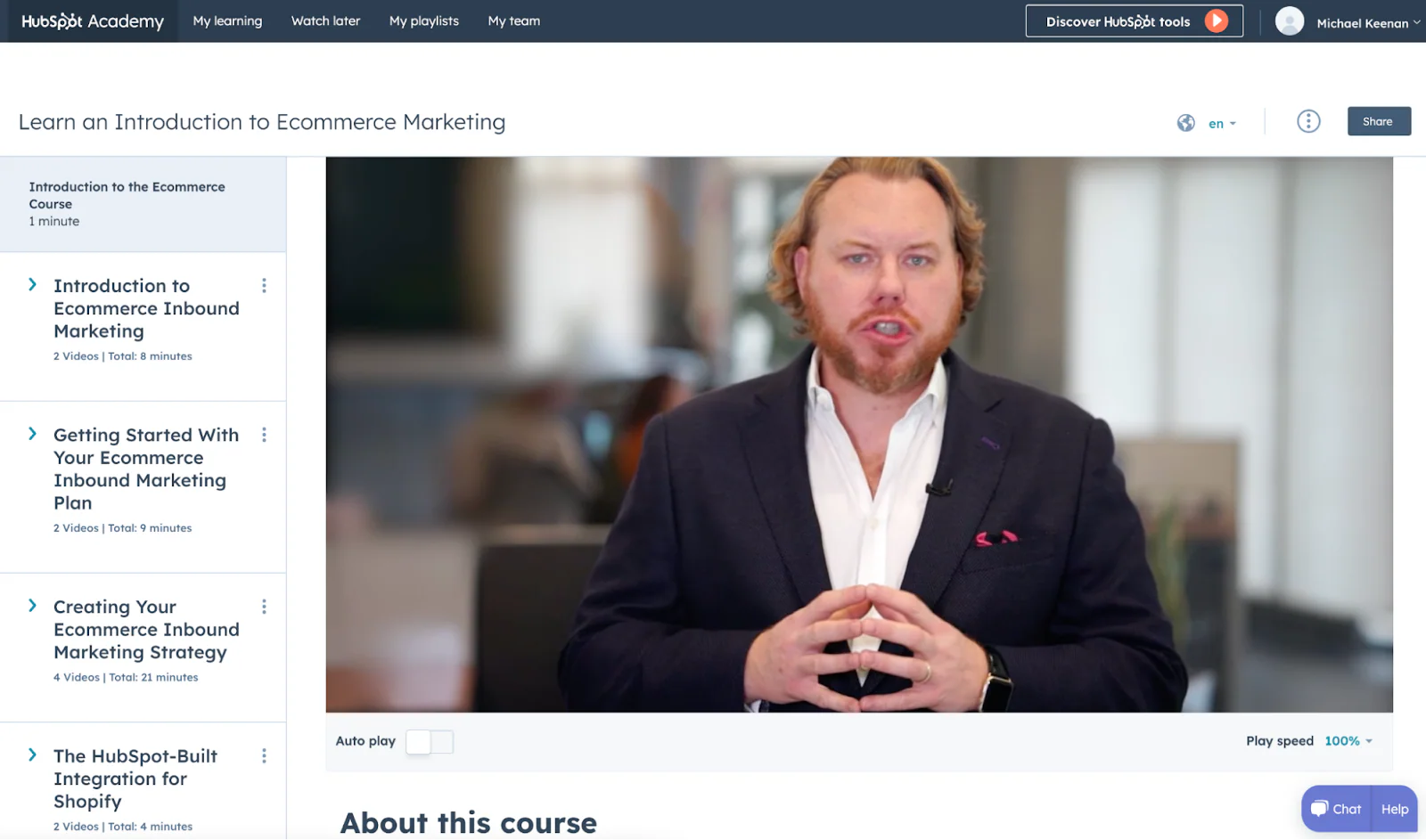 Landing page for Hubspot's Ecommerce Marketing Course features a still of Ethan Giffin.