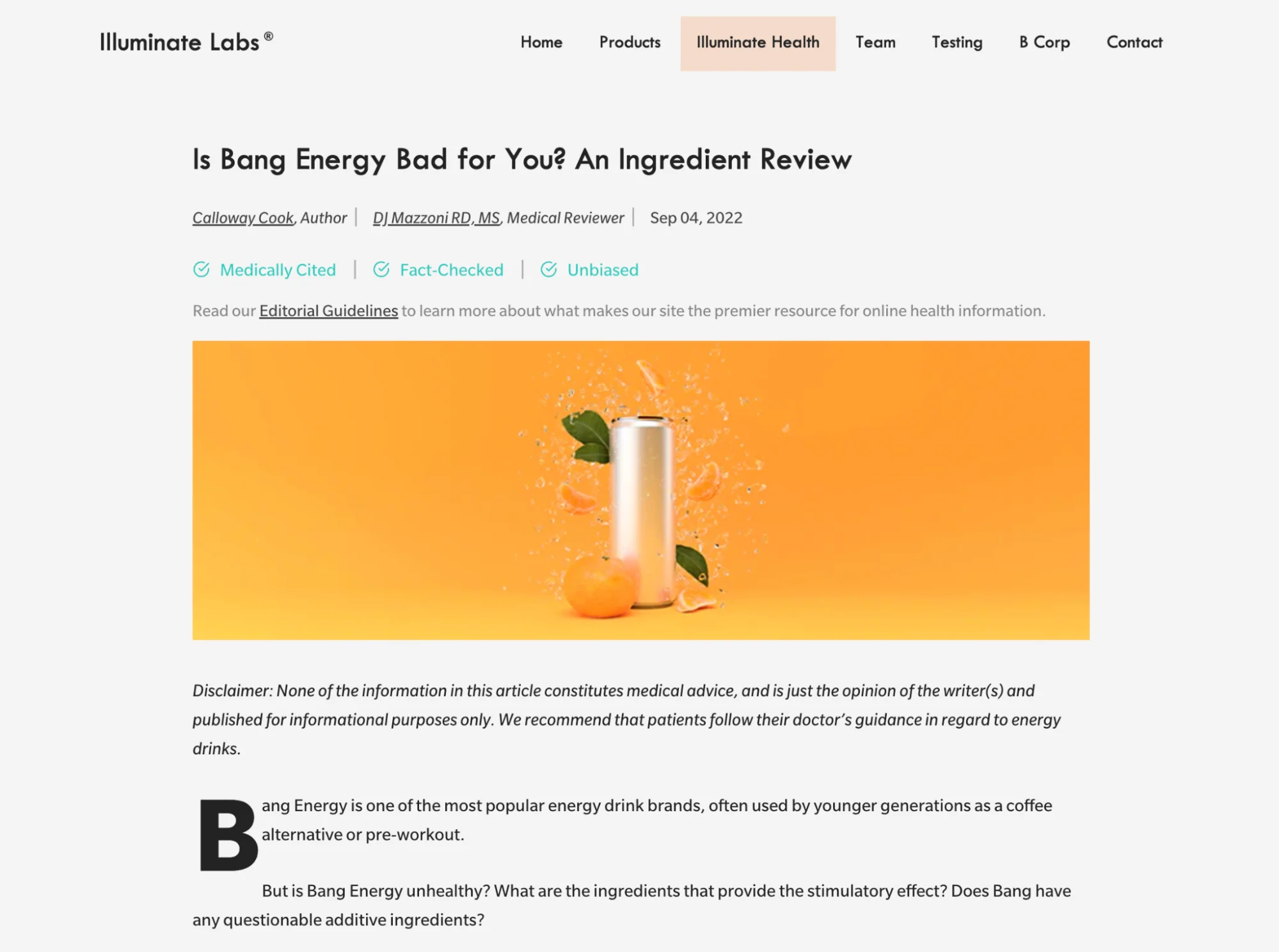 Bang Energy review page with orange can splash image and health article headline.