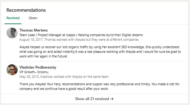 LinkedIn Recommendations section 