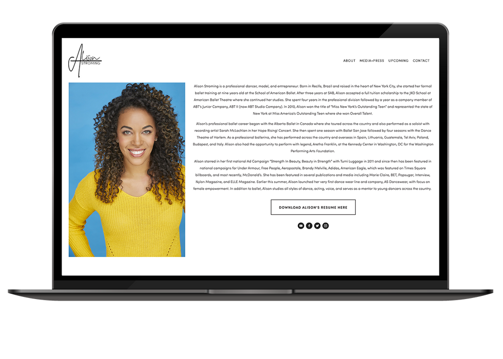 A laptop shows a webpage that features a photo of a woman with curly black hair and a yellow sweater next to her biography and social media links