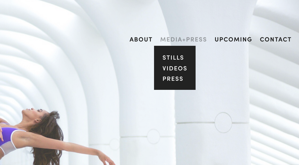 A close-up of the top right corner of Alison Stroming;s website shows a drop down menu with options for "stills," "video" and "press."