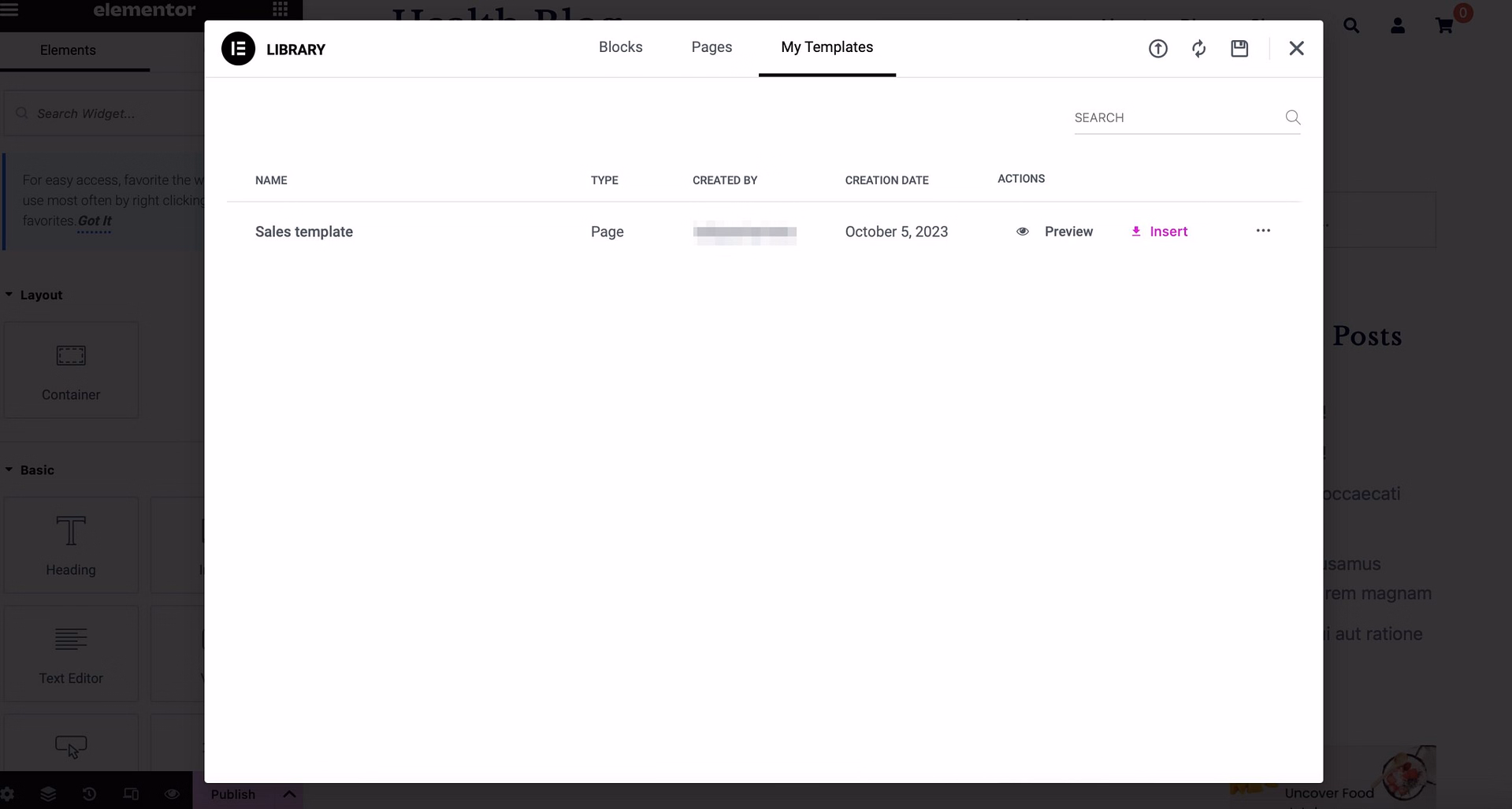 Insert WordPress custom page template with Elementor.