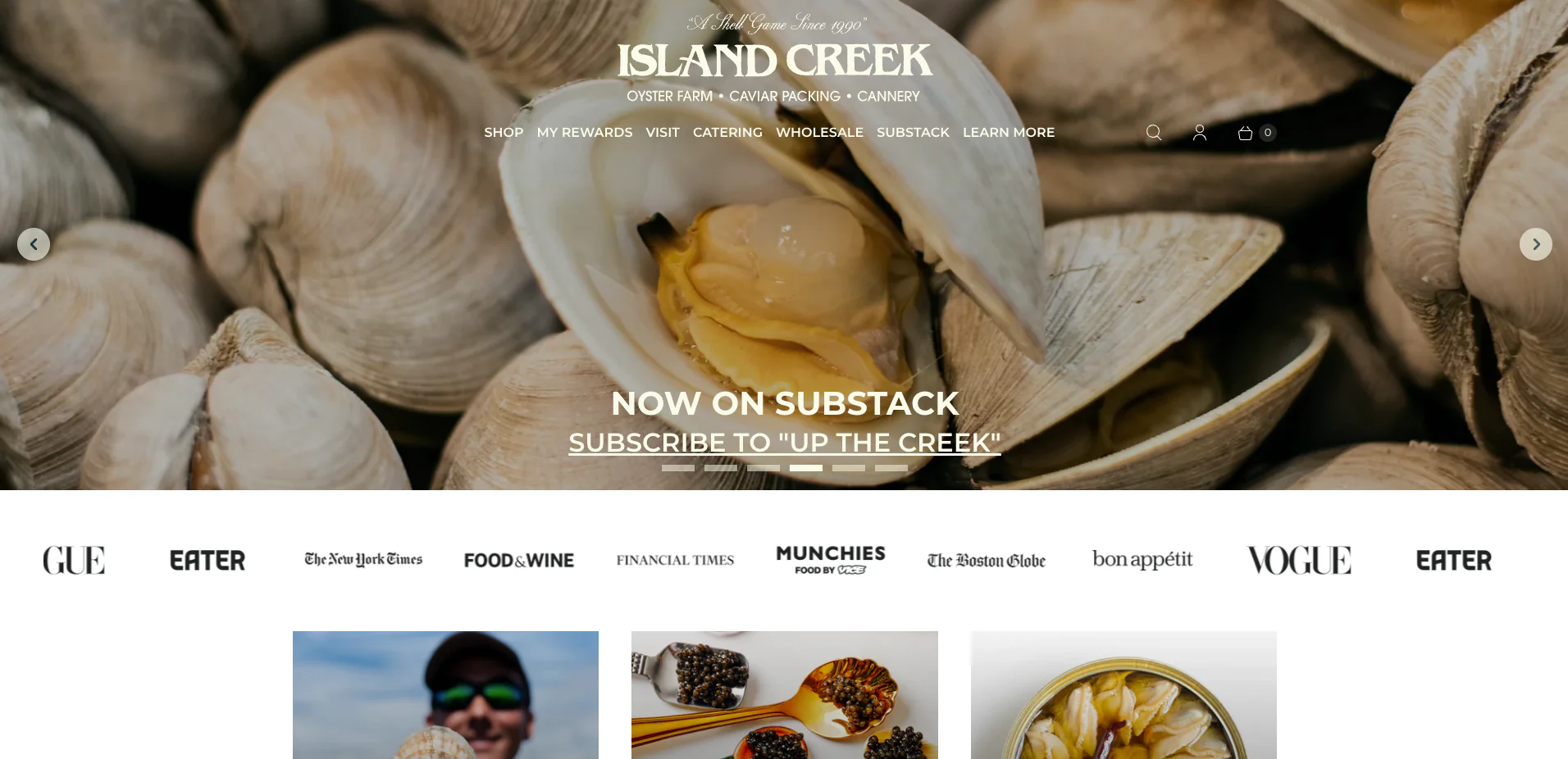 Close-up of opened clams, highlighting Island Creek’s seafood-focused newsletter.