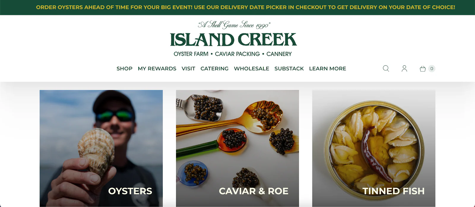 Island Creek website with white horizontal top header and green promotional bar above.