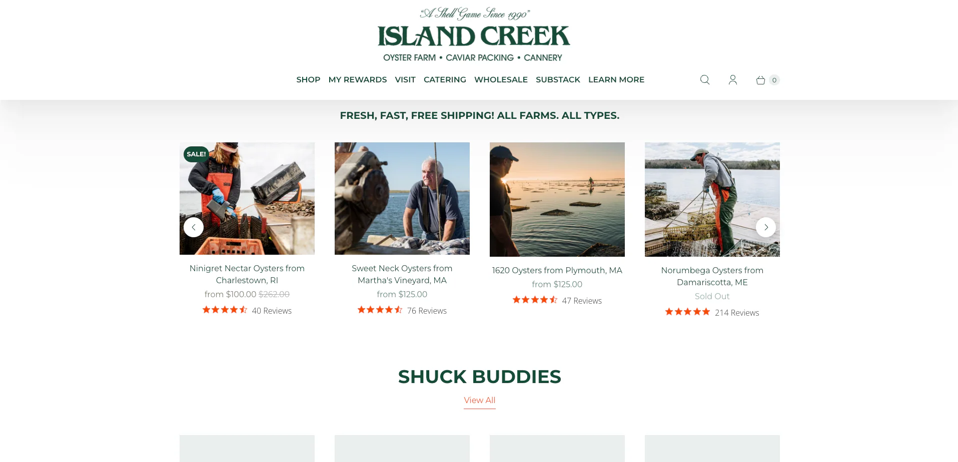 Island Creek product carousel showing oysters, farm locations, prices, and star ratings.