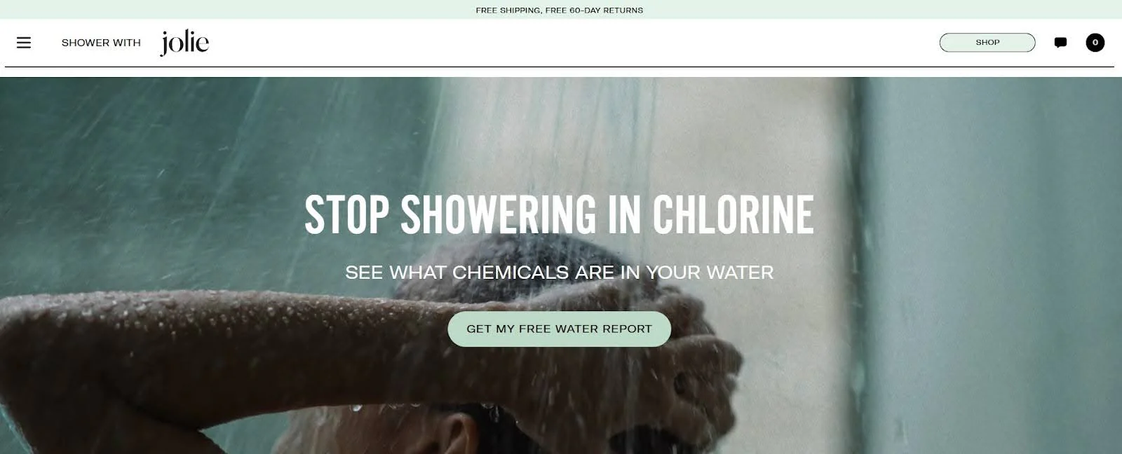 Screenshot of Jolie landing page with get my free water report button.