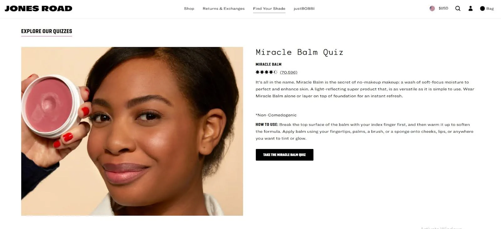 Screenshot of Jones Road quiz landing page.