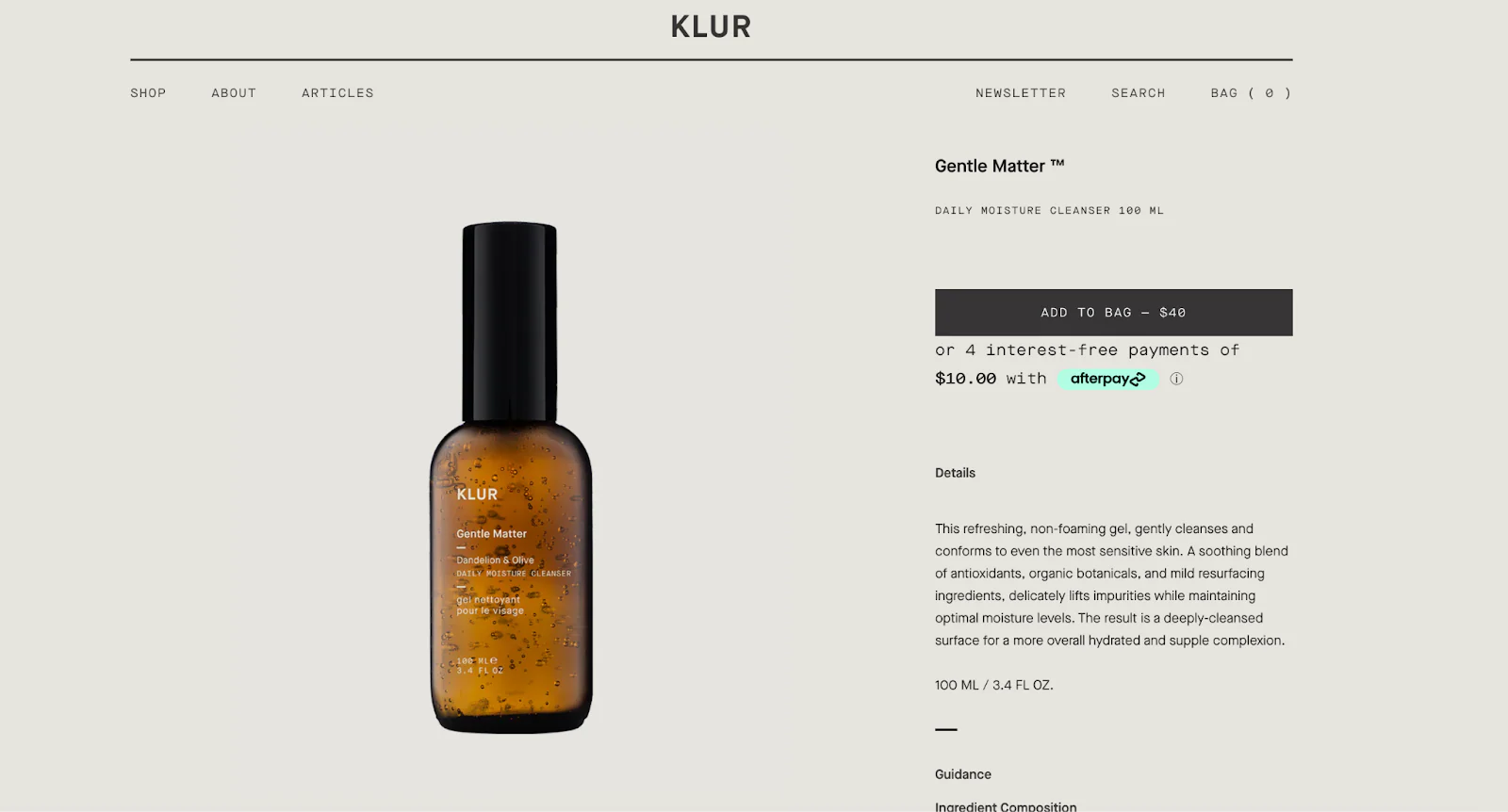 Product page for Gentle Matter, a Klur skincare product.