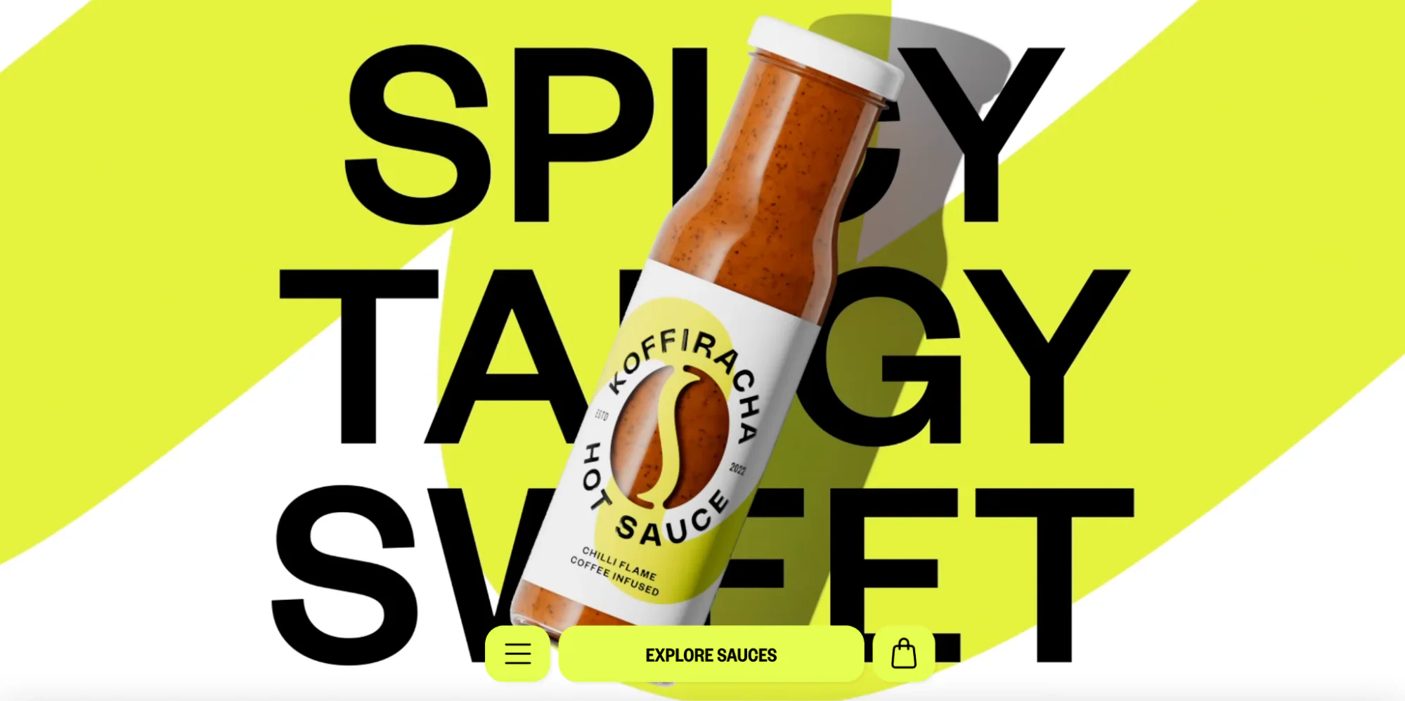 Koffiracha’s website with a bottle of hot sauce over bold text and a bright green squiggle.