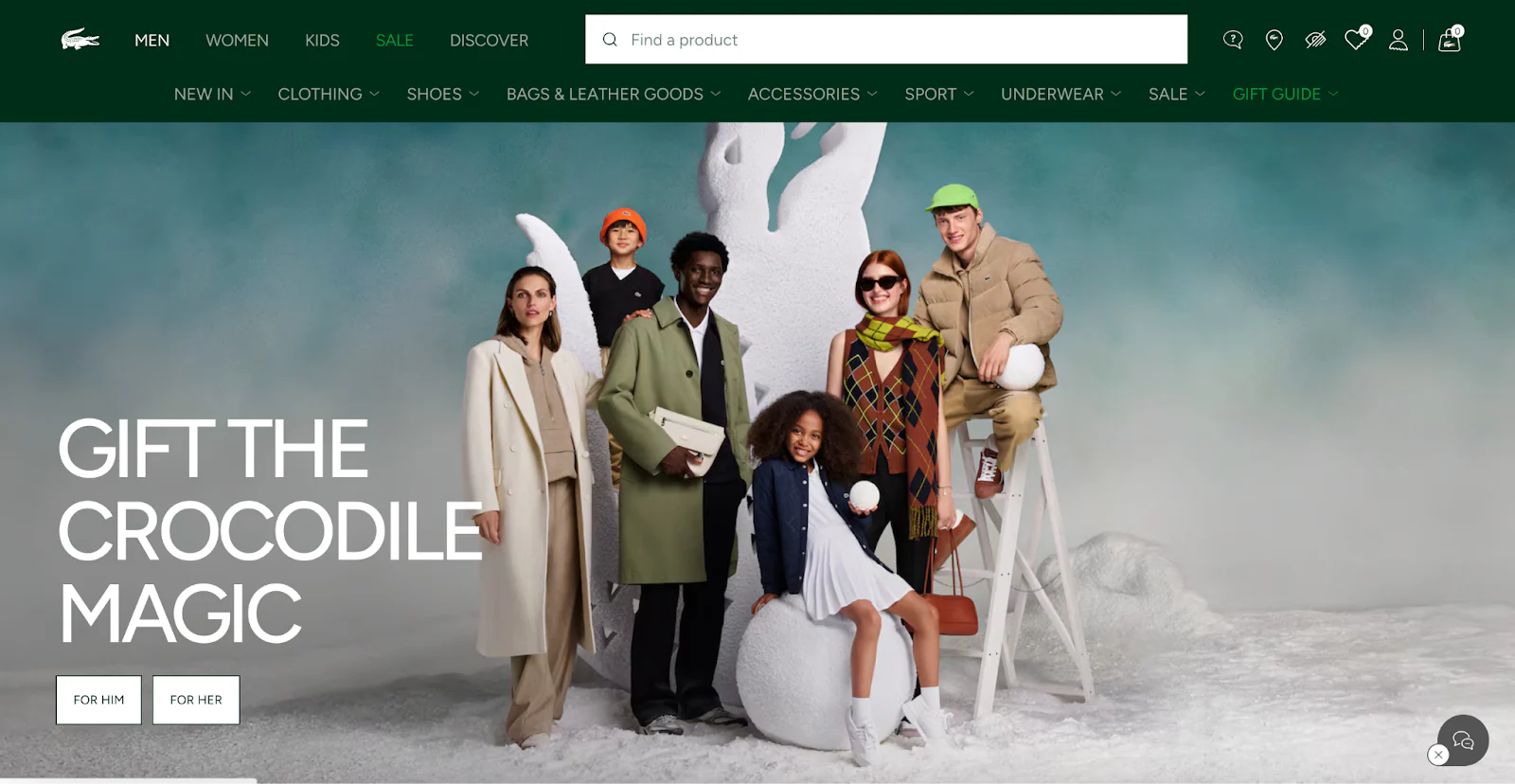 Lacoste homepage with models posing on snow and text that reads “Gift the crocodile magic”