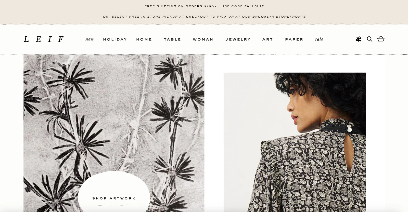 LEIF homepage with a model in a dress and a button to Shop Artwork.
