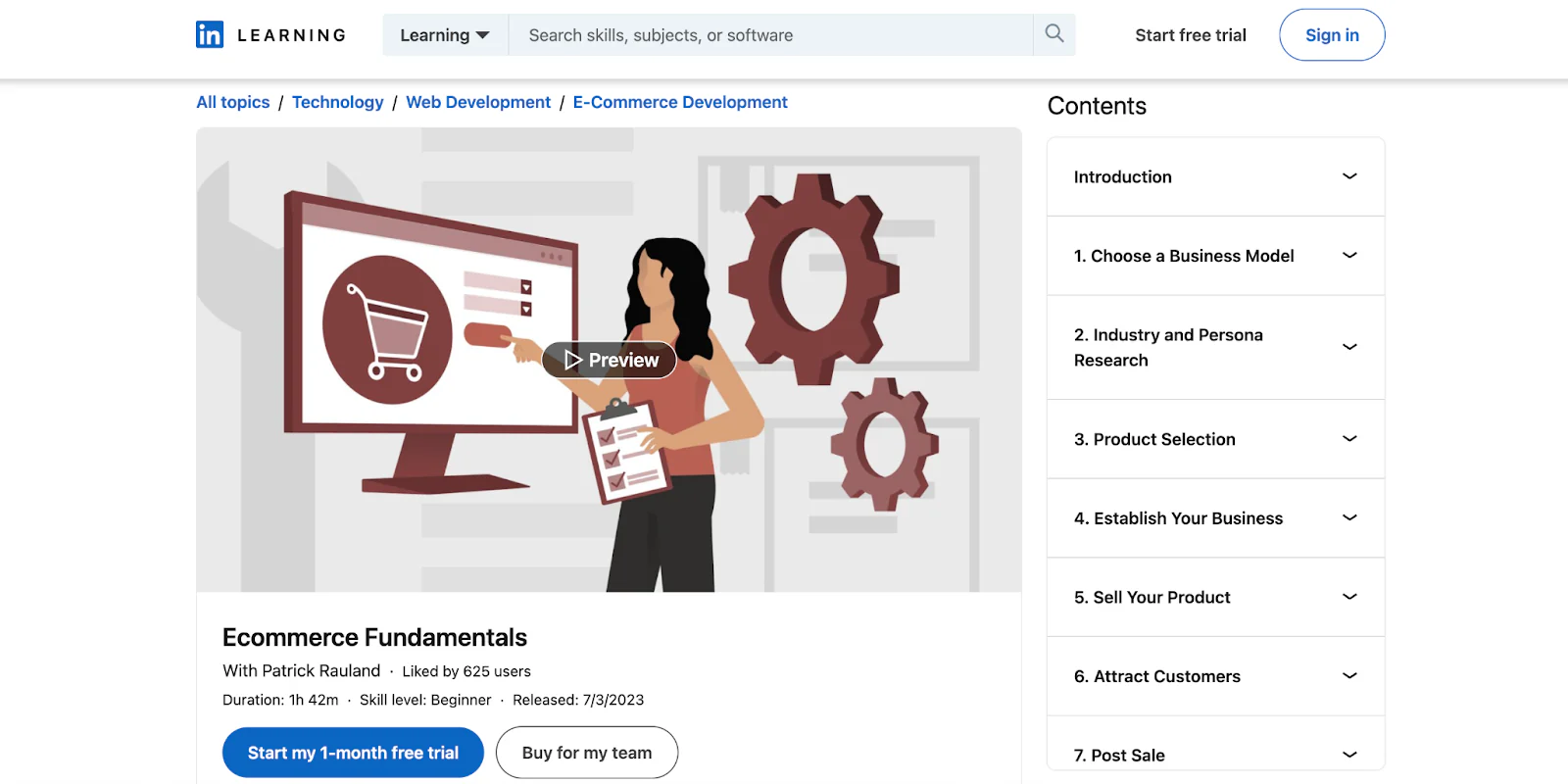 Landing page for LinkedIn's Ecommerce Fundamentals course.