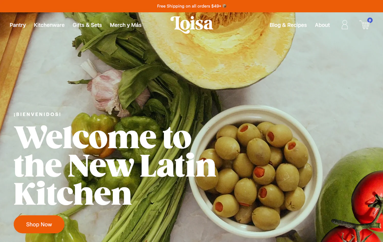 Loisa homepage with olives, peppers, tomatoes, and squash under “Welcome to the New Latin Kitchen.”